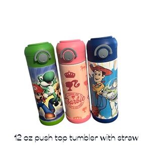 Barbie, Mario, and Toy Story Kids Tumblers - Green, Pink, Blue